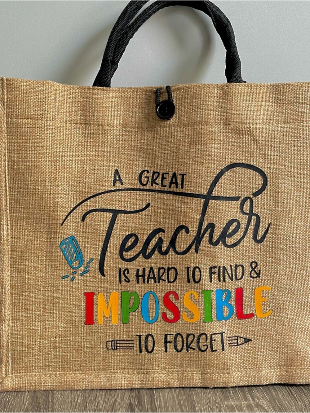 Teacher Quote Jute Tote Bag - Natural with Black Handles